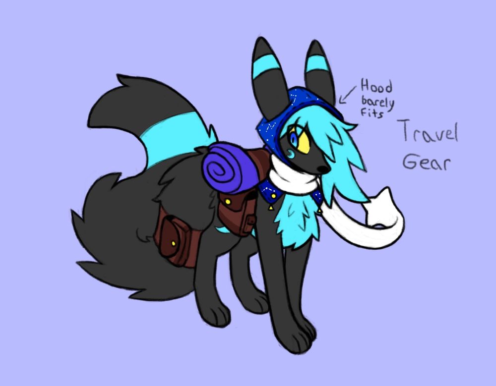 An alpha shiny umbreon wearing a blue, star patterned hood, with a brown leather bag around their waist, and a second around their large tail. On their back is a rolled up sleeping bag.