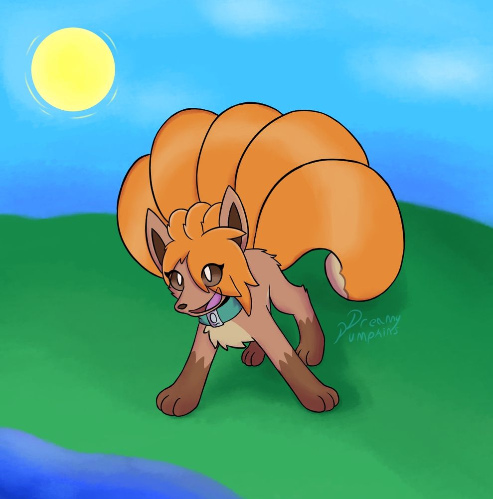 A vulpix stands in a grassy background, and looks happily at the water under a shining sun, she has shiny tails and and is wearing a special band with a vulpix tag.