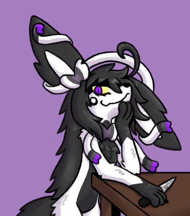 A black and white sylveon with yellow sclera and purple eye color. They are leaning against a table, resting their head on one paw and laying the other on the table with a fancy knife under the paw. They look down mischievously at the viewer.