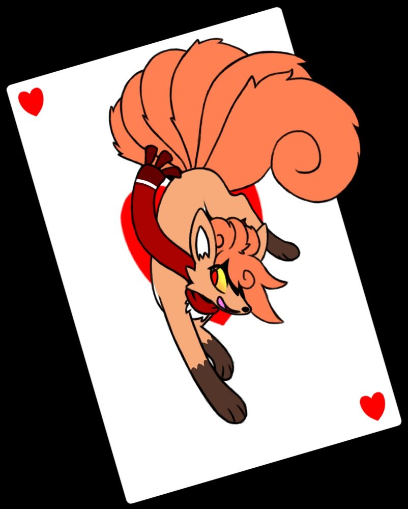 A vulpix striking a pose in front of an ace of hearts card.