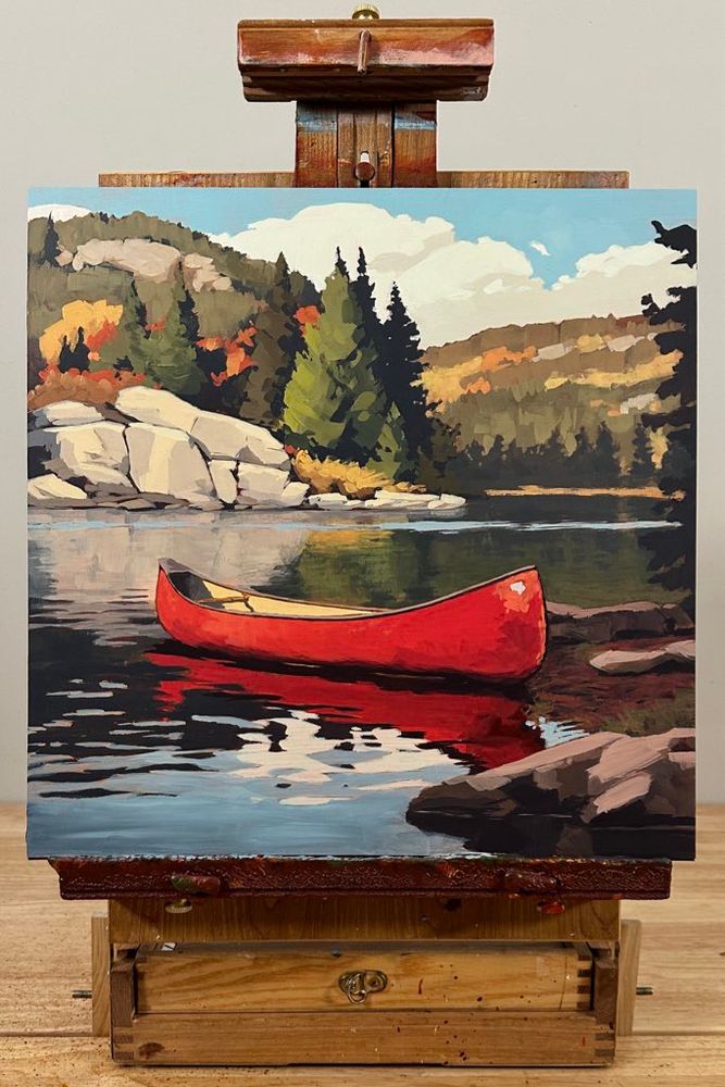 Red canoe at landing in a northwoods lake scene.