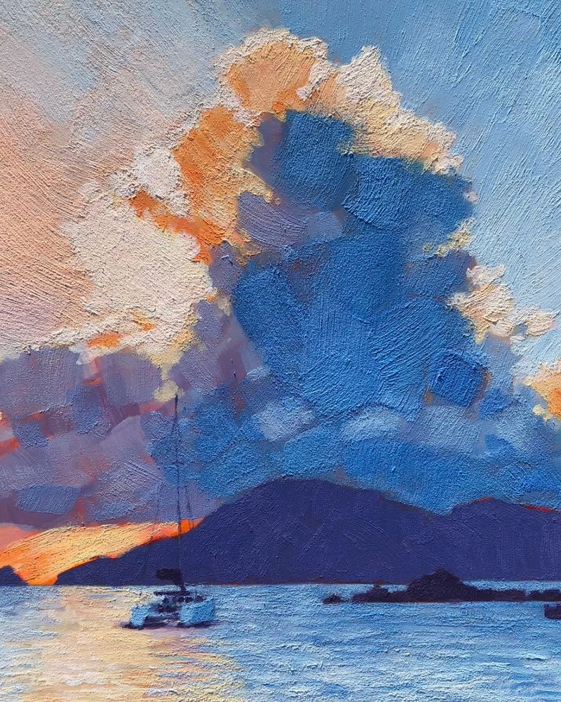 An acrylic painting by Jim Musil depicting a sailboat at anchor with color hills and a towering squall in the distance. The lighting suggests sunrise. The brushwork is loose and choppy with lots of texture.