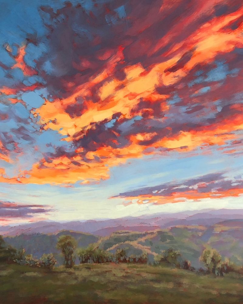 An acrylic painting by Jim Musil featuring a colorful sunset over the Smoky Mountains. 