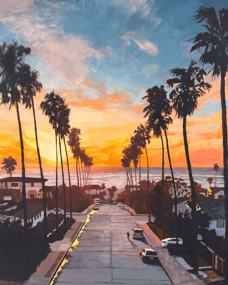 An acrylic painting by artist Jim Musil depicting a sunset over a San Diego neighborhood street lined with tall palm trees. The painting features strong light, saturated colors and loose brushwork.