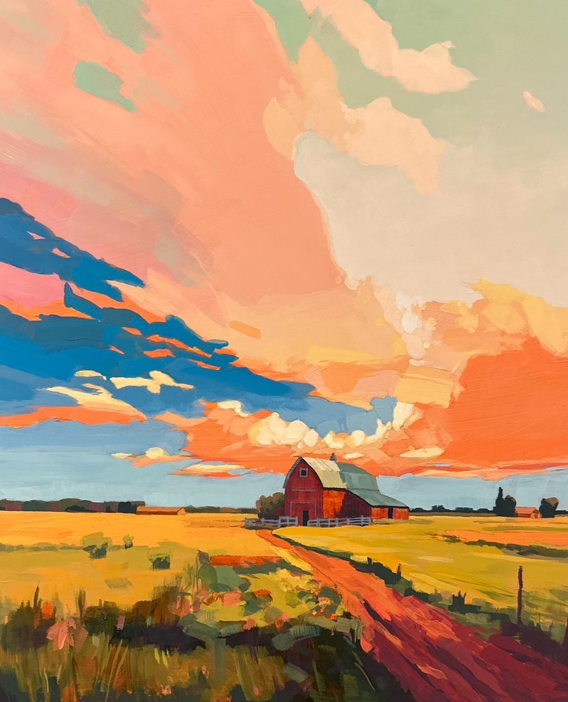 An acrylic painting by Jim Musil depicting a farm in Wisconsin. A red barn sits at the end of a dirt road in the middle of a verdant green field. A colorful sky dominates the composition.