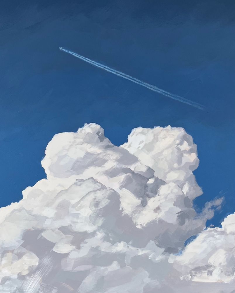 An acrylic painting by Jim Musil depicting the top of a cloud against a blue sky with the contrail of a jet overhead.