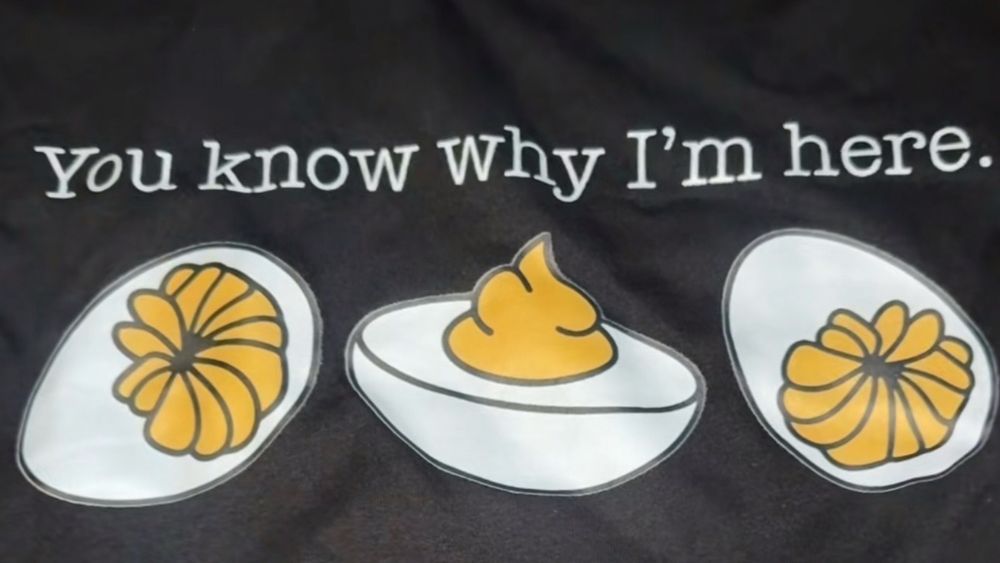 Tee shirt with 3 deviled eggs that says you know why I’m here. 