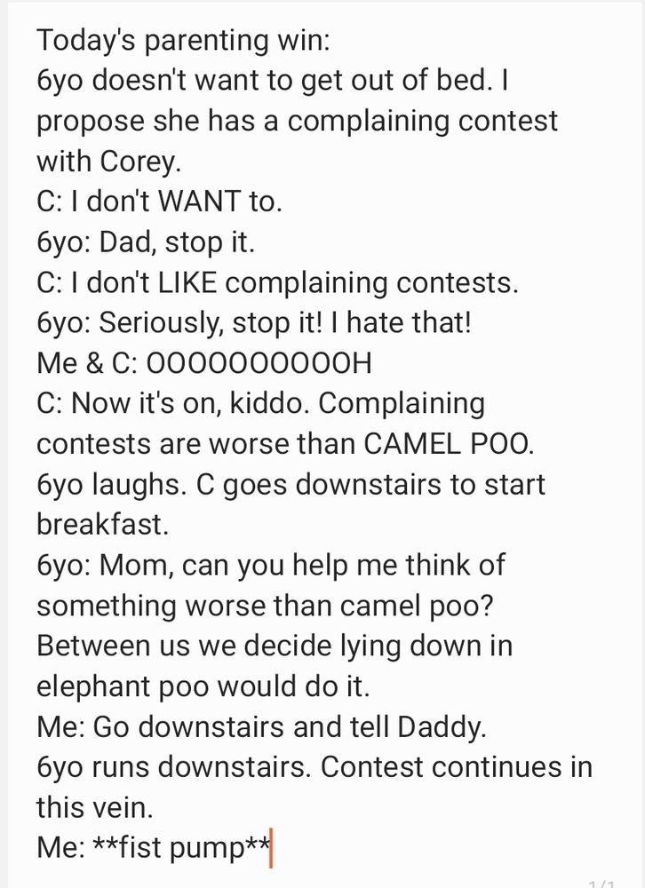 Today's parenting win:
6yo doesn't want to get out of bed. I propose she has a complaining contest with Corey.
C: I don't WANT to.
6yo: Dad, stop it.
C: I don't LIKE complaining contests.
6yo: Seriously, stop it! I hate that!
Me & C: OOOOOOOOOOH
C: Now it's on, kiddo. Complaining contests are worse than CAMEL POO.
6yo laughs. C goes downstairs to start breakfast.
6yo: Mom, can you help me think of something worse than camel poo?
Between us we decide lying down in elephant poo would do it.
Me: Go downstairs and tell Daddy.
6yo runs downstairs. Contest continues in this vein.
Me: **fist pump**