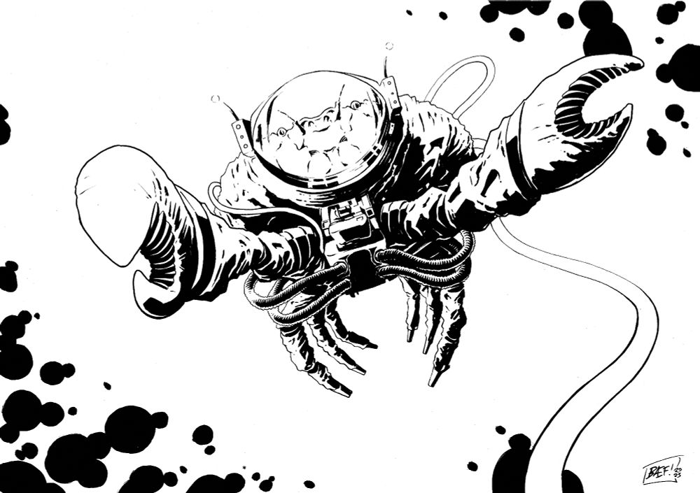 A crab in an astronaut suit floating in space