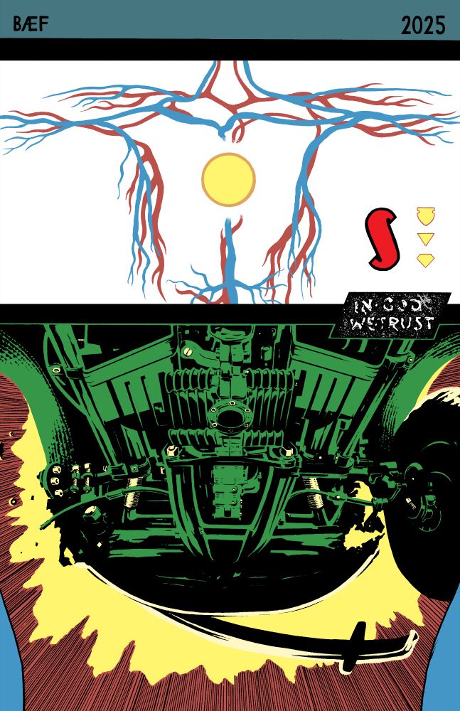 Re-interpretation of Action Comics issue 1
Top area reads: BÆF 2025
Upper panel: A human circulatory system with a sun for a heart, the letter S and a stack of icons reflecting the different shapes of Superman's chest symbol
Lower panel: Superman's POV - holding up the underside of a VW beetle