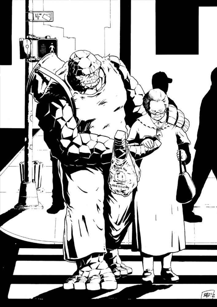 The Fantastic Four's Ben Grimm, The Thing, in workout clothes - cutoff t-shirt, track pants with a gym bag over the shoulder, helping an elderly lady cross the street, carrying her shopping bags as they walk a pedestrian crossing.
