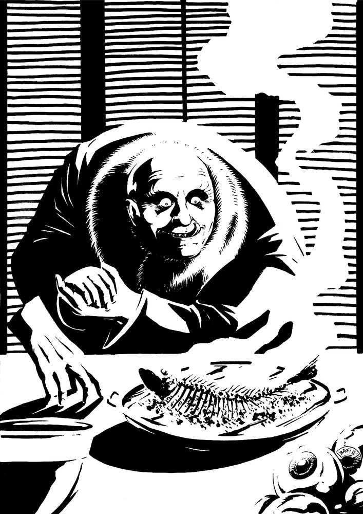 The Addam's Family's Uncle Fester, sat in his large collared coat, rubbing his hands in front of slat window blinds. In front of him at the table is Thing and a platter with an incredibly burnt fish skeleton. In the foreground, a goblet and a pile of eyeballs.