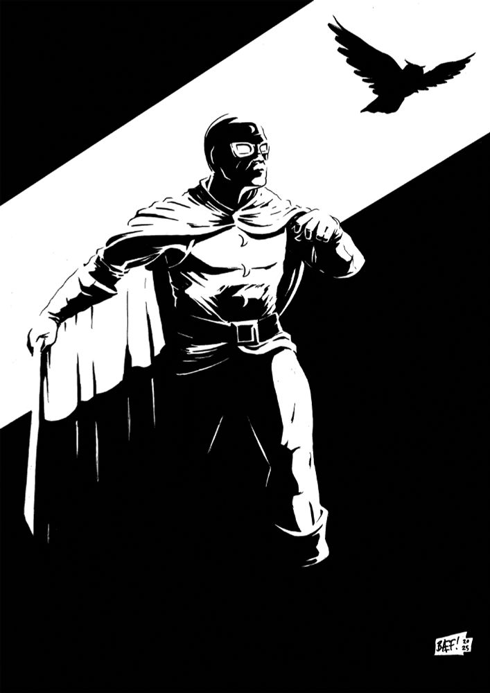 Black and white drawing
DC hero DOCTOR MID-NITE, clad in a cowl, flight goggles, a cape and falconry gloves steps out of the shadows. In the background an owl is in flight.
