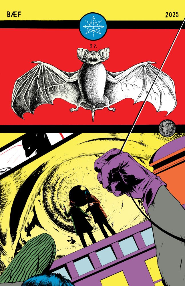 Reinterpretation of Detective Comics #27's cover
Yellow background with a large red banner on the upper third, with an anatomical illustration of a bat below a blue crest emblazoned with a hexacontakaitetragon. Below is an alternate viewpoint of the classic cover, through Batman's POV - A purple gloved hand holding onto a cable, swinging toward to shadowy gangsters on a rooftop, with a giant eye in the background.