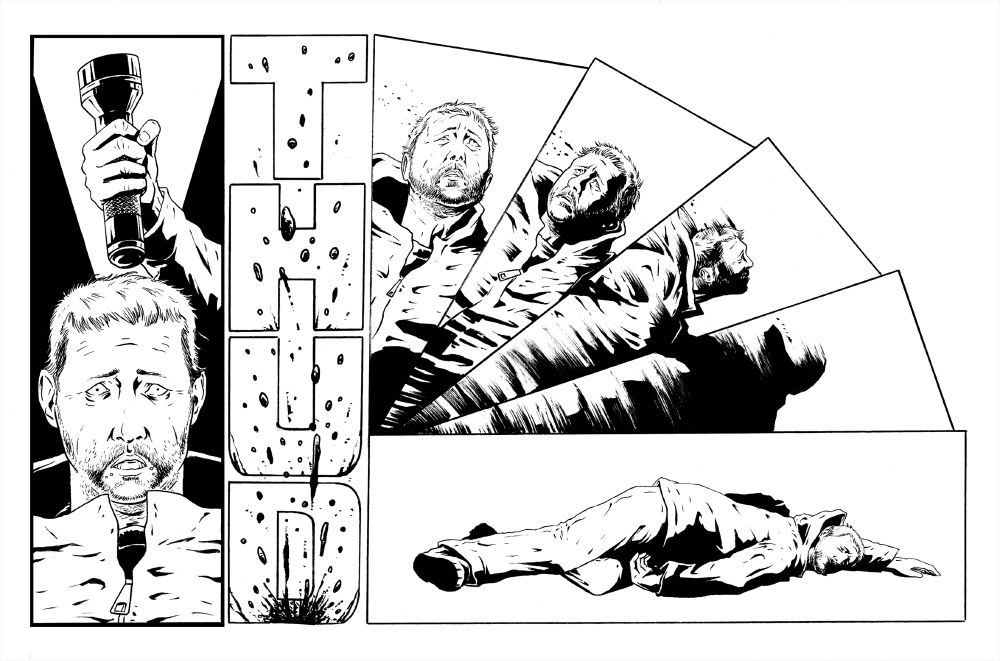 Horizontal comics page
Panel 1 - A scared looking man stares forward, behind him a hand wielding a heavy flashlight is held aloft
Panel 2 - All SFX: THUD.- spattered text.
Panels 3-7 - A sequence of panels showing the man from panel 1 slowly falling to the ground