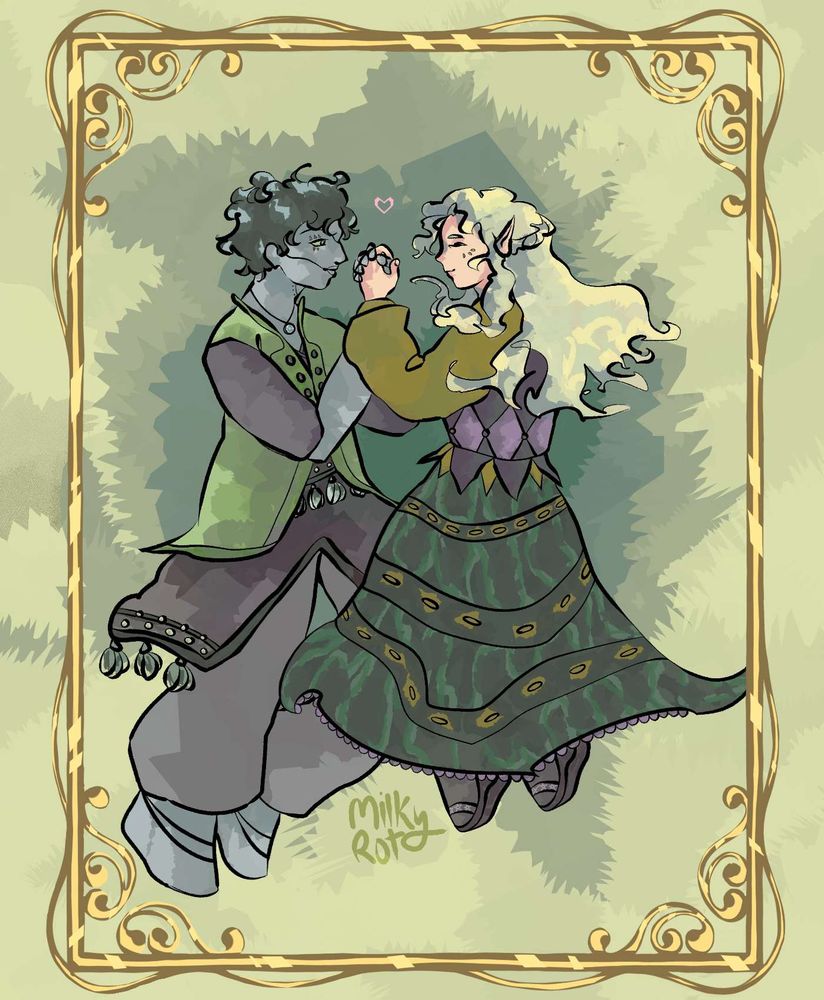 Helehana (right) and Landro (left) laying together in a sunny field. Landro is gazing with fondness at his other half and Helehana has her eyes closed content. There is a giant golden frame around them.