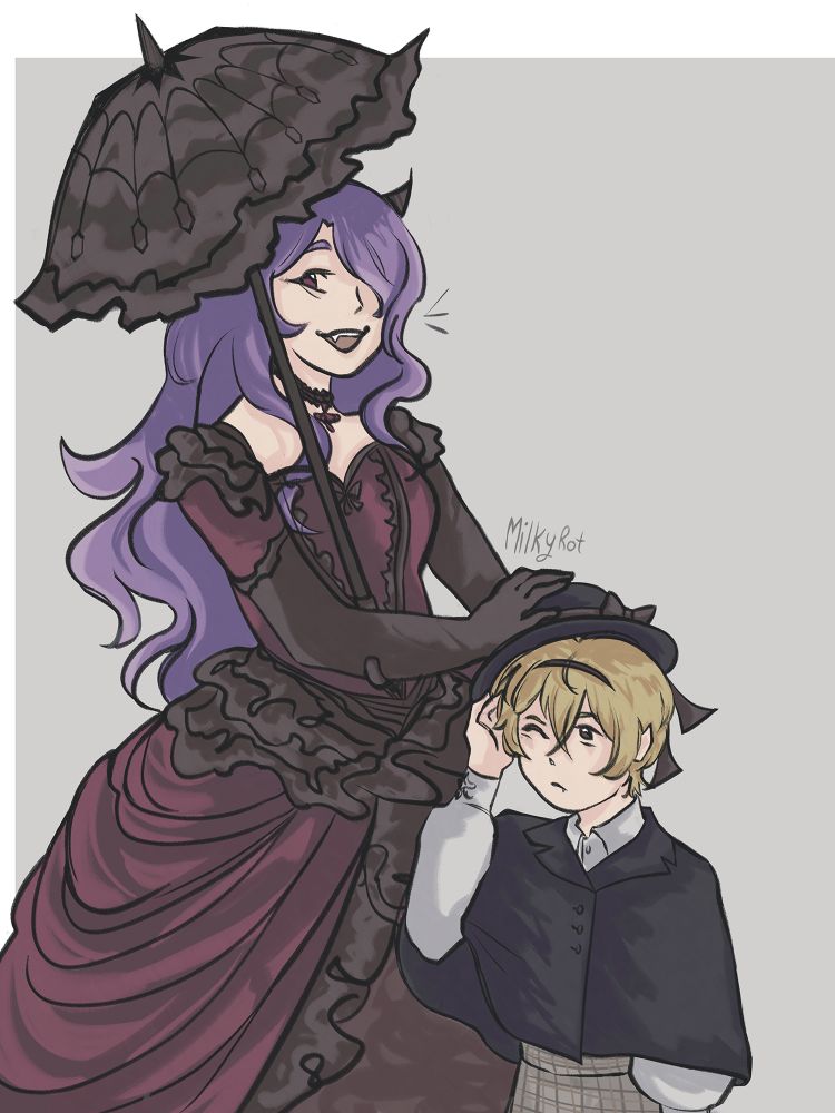 Young vampire camilla and Leo; camilla Is wearing a rouge colored victorian dress and holding a parasol. Leo is wearing a dark blue (almost black) hat and cape that buttons up at the front. Camilla is looking off to the side with a hand on Leo's hat, while Leo has one hand in his hair, looking up at Camilla.