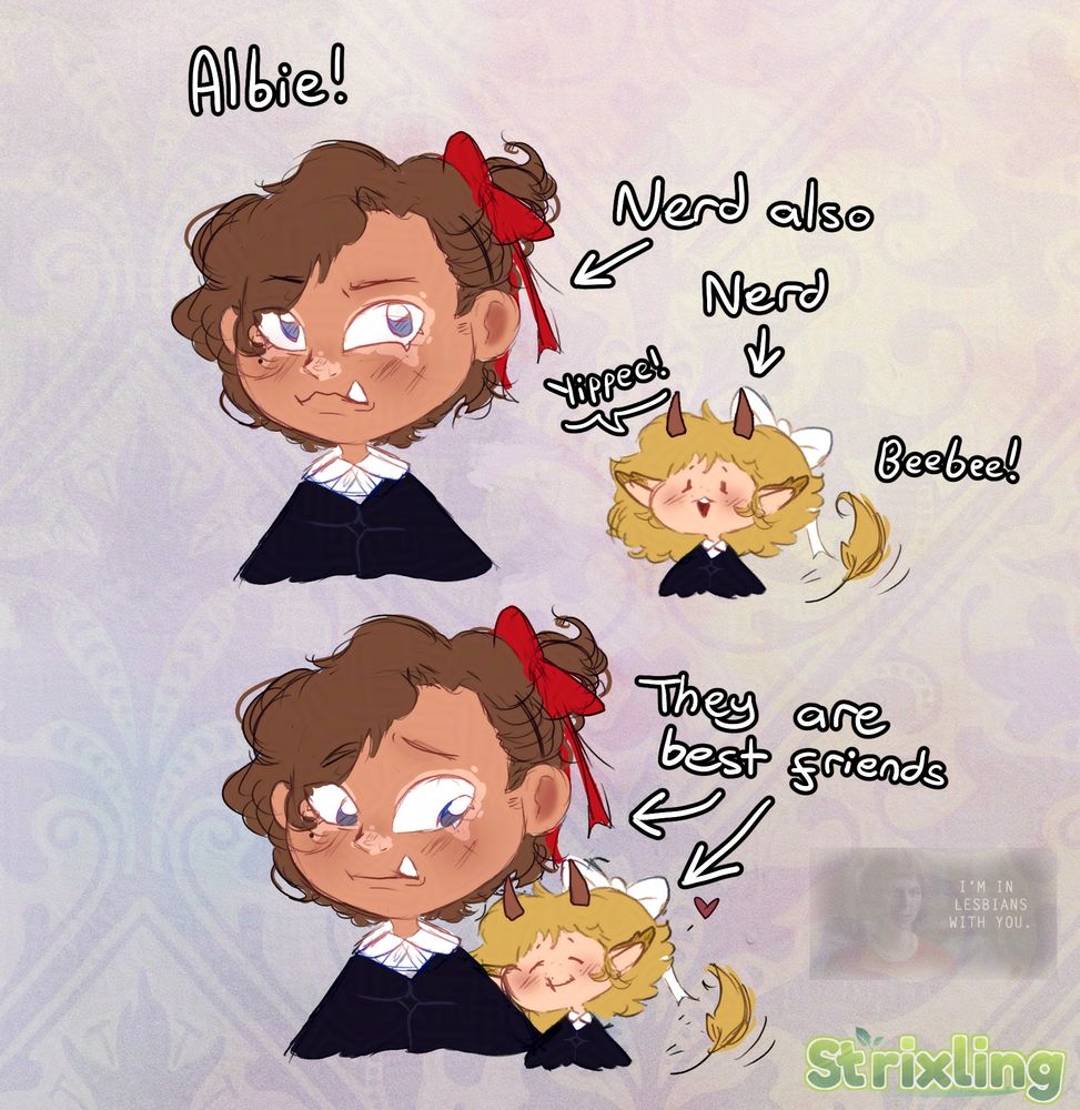 Drawing depicting two young girls. They are best friends and are both wear the same school uniform.
Albie (left) has tan skin with vitiligo, brown hair worn in a ponytail, and a singular tusk.
Bee (right) has white skin, fluffy honey-blonde hair, two upright horns and a degu-like tail.