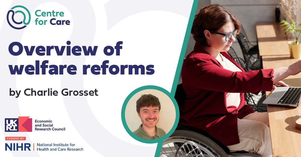 Text: "Overview of welfare reforms by Charlie Grosset"
Image: Person using wheelchair looking at laptop
Charlie Grosset profile picture, logos for Centre for Care, ESRC, NIHR