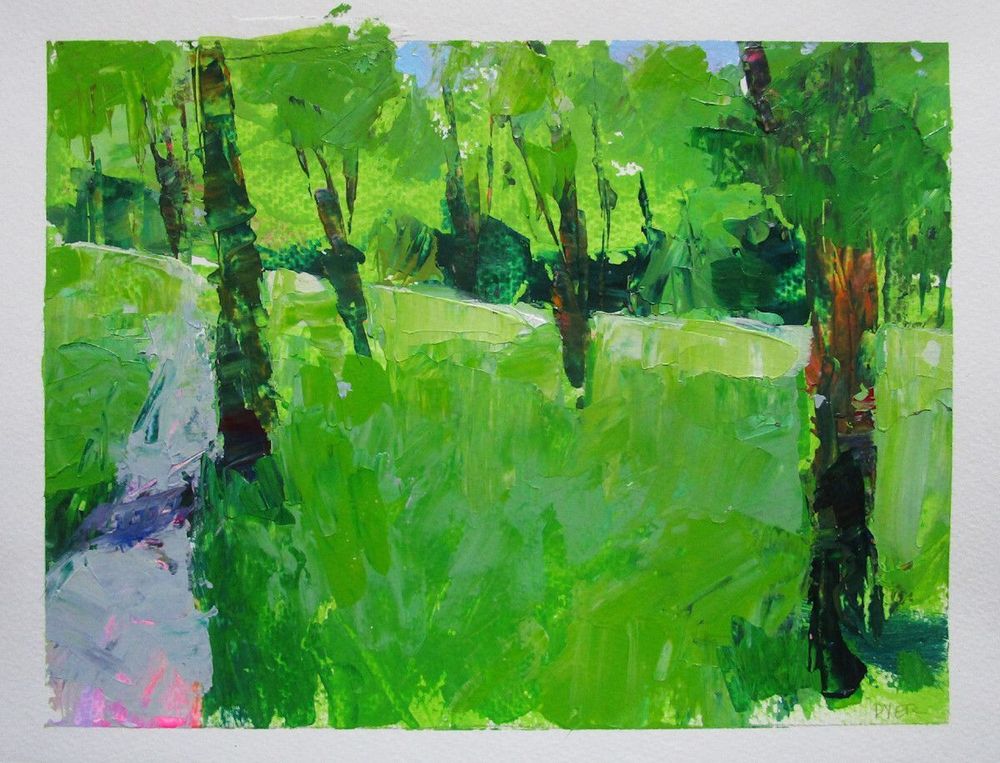 Original 9x12 acrylic painting on paper of a path through green trees by Janet Dyer

Note: Discounts and sales do not apply to original artwork.