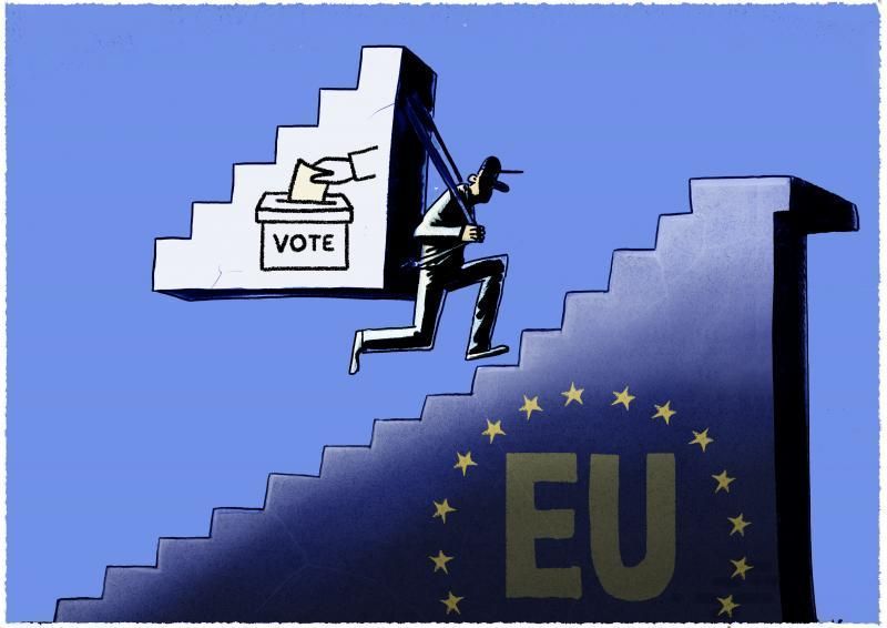 Cartoon showing an unfinished  staircase marked with the EU log. A person is running up the stairs carrying an additional part of the staircase, labeled 'Vote', as a backpack.