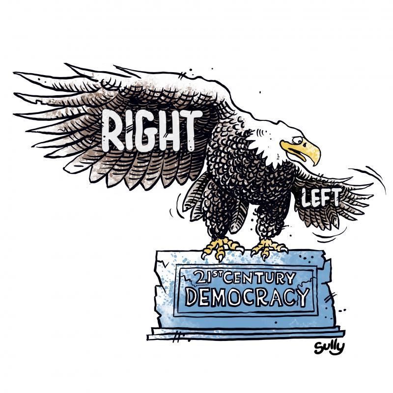 Cartoon showing an eagle sitting on a platform that reads "21st century democracy". The right wing, labeled "Right" is oversized; the left wing (labeled "Left") is tiny and the eagle is flapping it ineffectually.