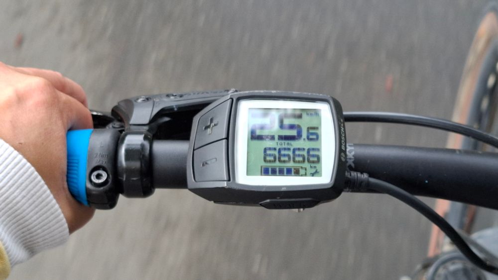 Ein ebike Display zeigt den  Kilometerstand 6666km