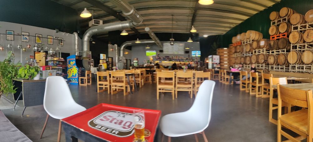Rockwell brewery taproom. Arcades and games on one side, barrels on the other, bar at the rear, a classic set up.
