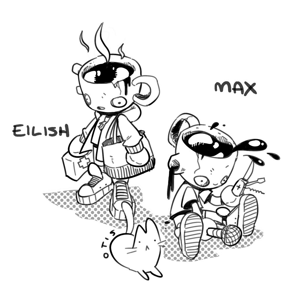 An inky drawing of two little mug-headed freaks based off my sis and her husband with their cat