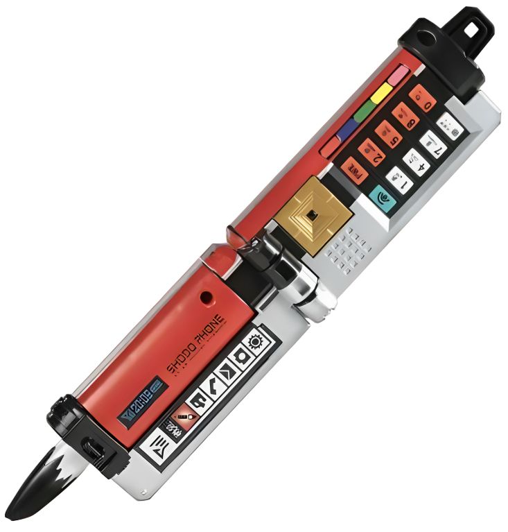 A picture of the Shodophone from Samurai Sentai Shinkenger. It is a  flip style cell phone that can be changed into a calligraphy brush by folding the phone width wise after the phone has been flipped open length wise