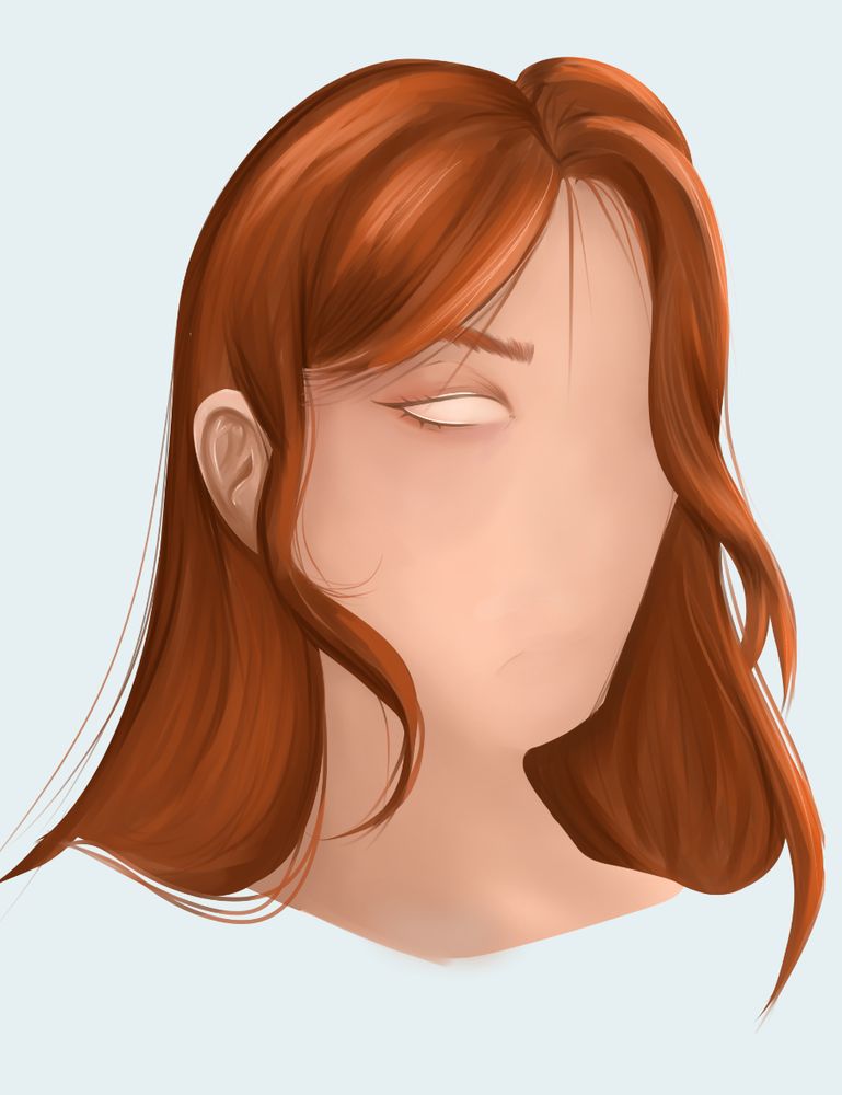 a WIP of a portrait of someone with copper hair. only the hair, an ear and half of an eye have been "sculpted" out 