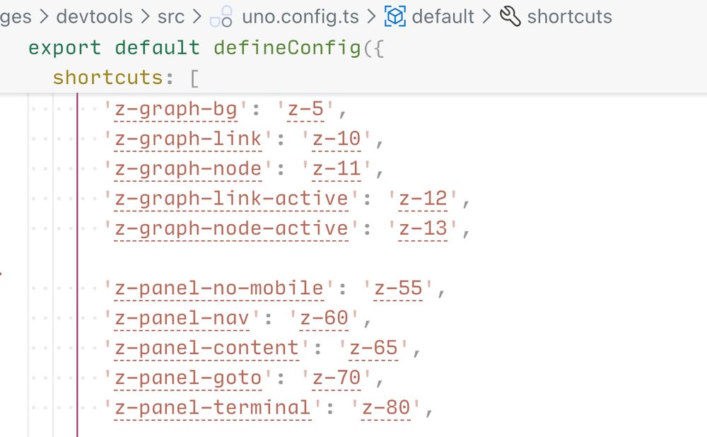 Screenshot of the UnoCSS config file where shortcuts like 

'z-panel-nav': 'z-60',
'z-panel-content': 'z-65',
'z-panel-goto': 'z-70'

are used.