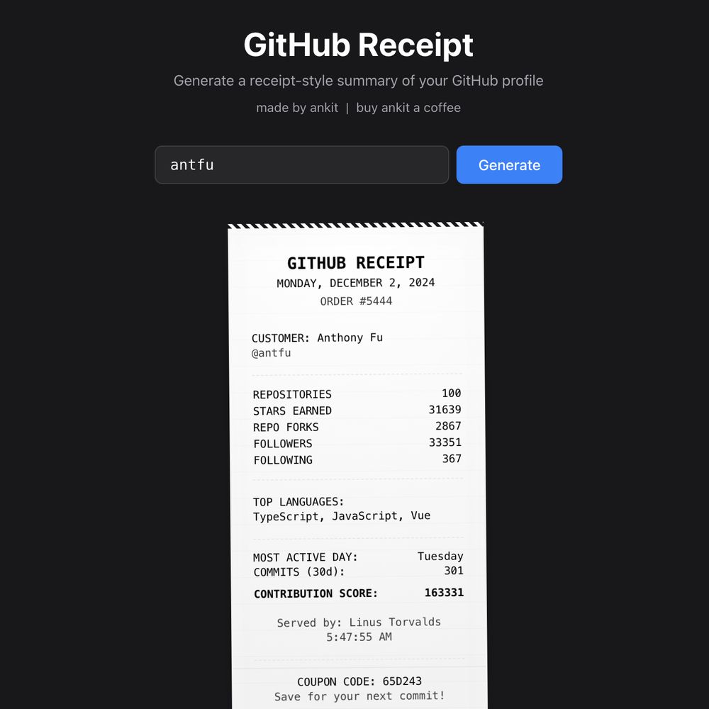 A screenshot of "GitHub Receipt" with the generated information of Anthony Fu's GitHub Contributions in a receipt format.