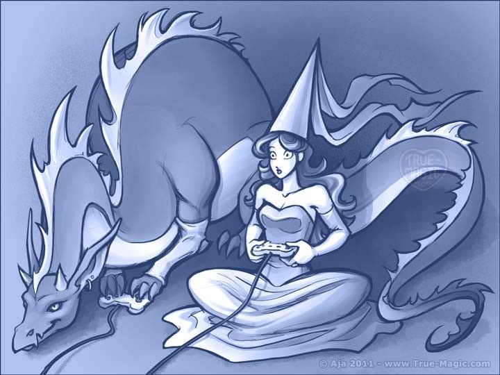 A dragon and princess sit side by side, holding video game controllers. The dragon looks focused and determined. The princess looks nonplussed.
