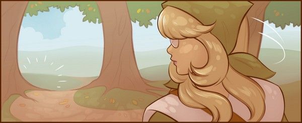Evie glances back at the empty(?) path behind her.