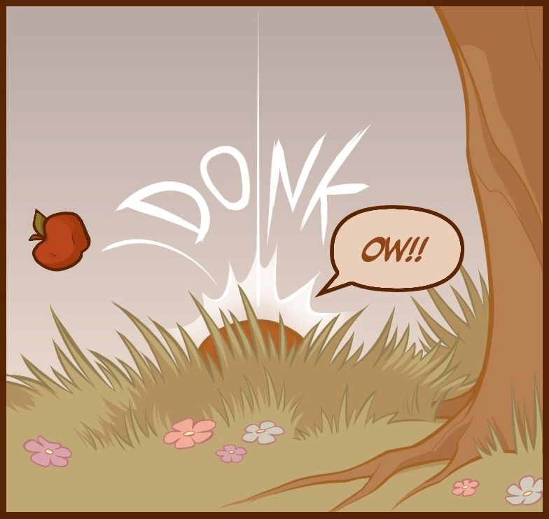 An apple bounces off Henson's head with a loud DONK.