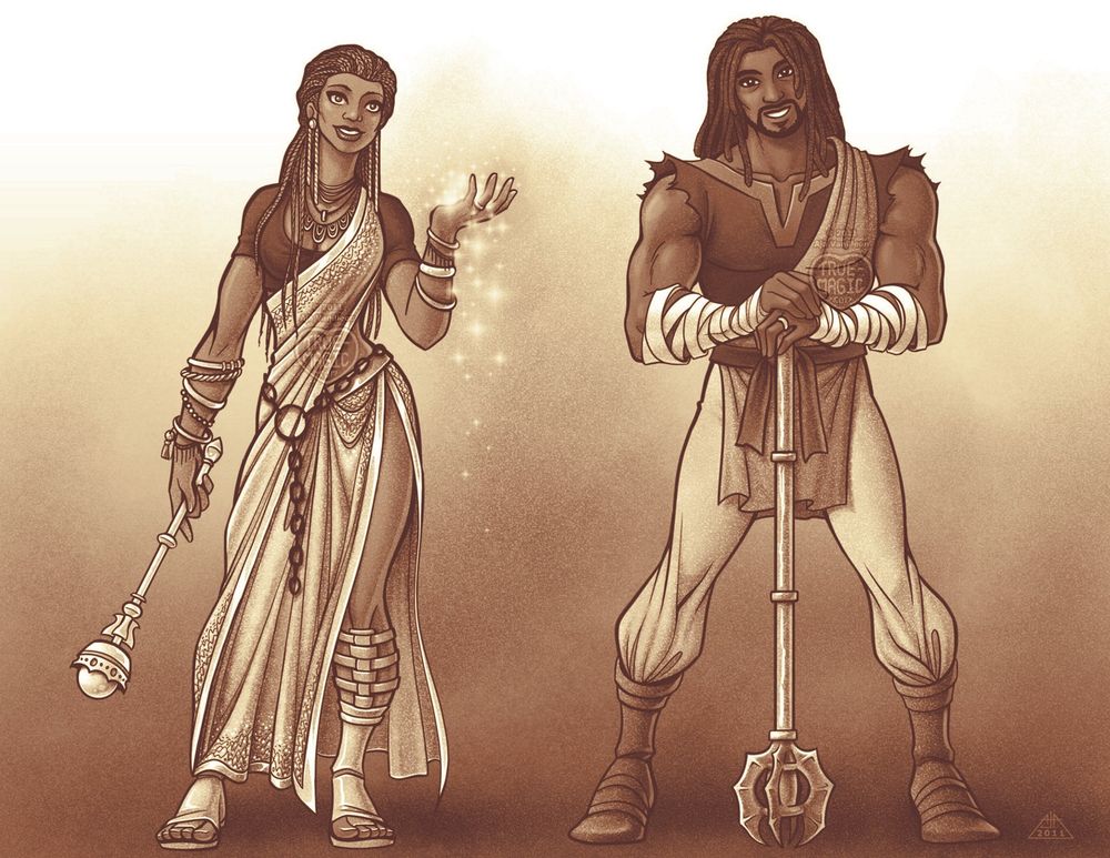 A husband-and-wife adventuring duo stand side by side, resplendent in their elaborate costumes.