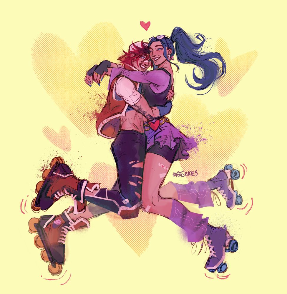 Arcane fanart by user 'astorkes'. CaitVi. Shows Caitlyn and Vi hugging and smiling. Vi is wearing roller blades, Cait is wearing roller skates, the colors are bright, and there are hearts in the background. Based on an official art of them in the same outfits, roller skating.