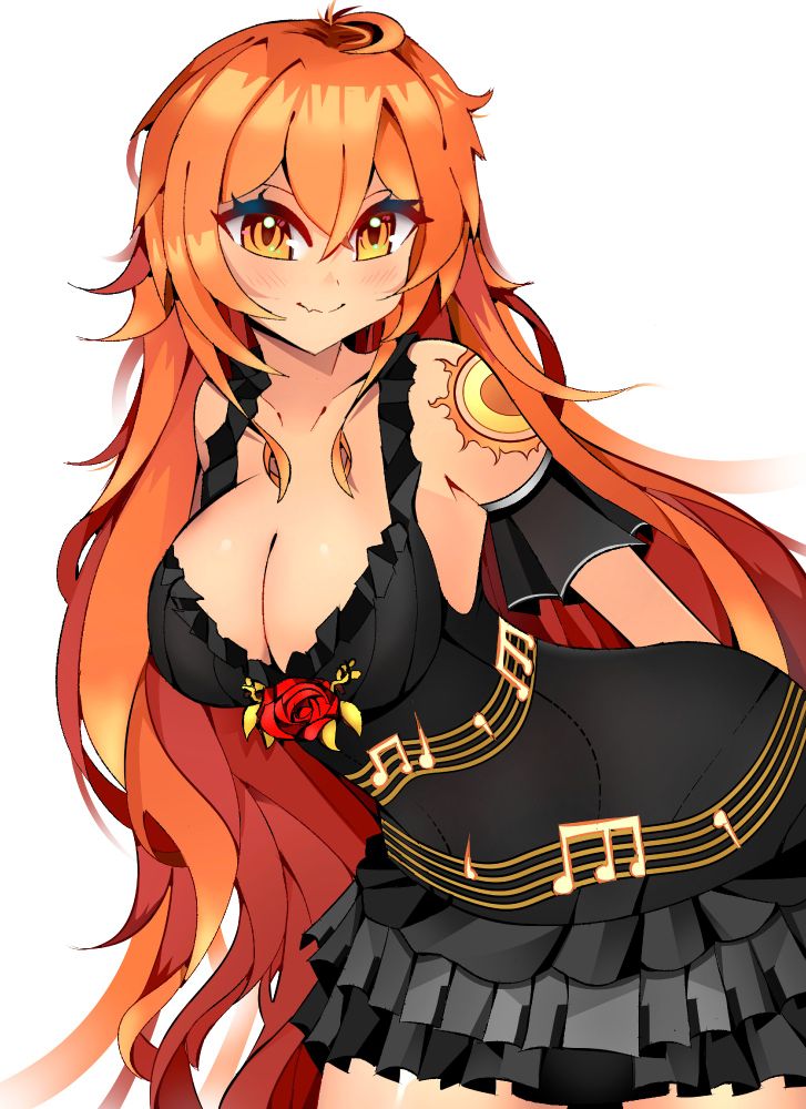 This original illustration showcases Apollo, a VTuber from the agency, MythosHQ. She is based on the Greek God of poetry and pottery. She has long orange hair and striking orange eyes. She wears a frilly black dress with a red rose on her chest. She has yellow music notes revolving around her waist. Her left shoulder has a tattoo of a sun. She is smiling at the viewer while slightly bending over, drawing emphasis to her chest.