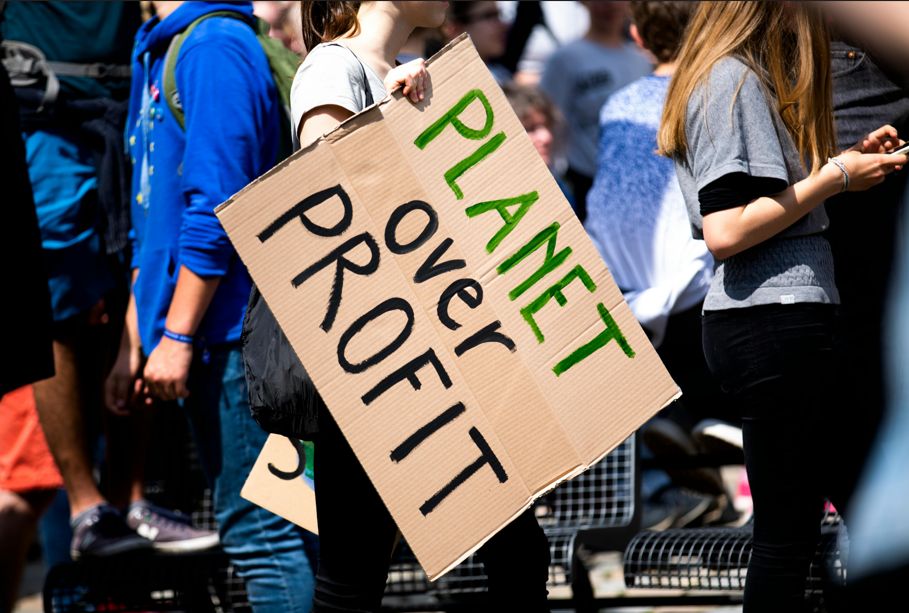 This image shows a woman holding a protest sign that says Planet of Profit.