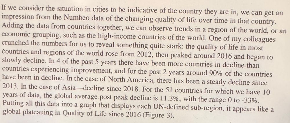 “One of my colleagues crunched the numbers for us to reveal something quite stark: the quality of life in most countries and regions of the world rose from 2012, then peaked around 2016 and began to slowly decline. In 4 of the past 5 years there have been more countries in decline than countries experiencing improvement, and for the past 2 years around 90% of the countries have been in decline. In the case of North America, there has been a steady decline since 2013. In the case of Asia decline since 2018. For the 51 countries for which we have 10 years of data, the global average post peak decline is 11.3%, with the range 0 to -33%. Putting all this data into a graph that displays each UN-defined sub-region, it appears like a global plateauing in Quality of Life since 2016”