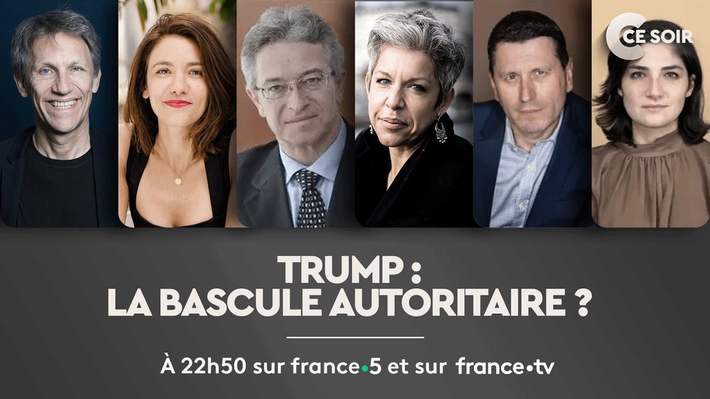 Voici les invités de l'émission C Ce Soir du 10 juin 2025.
de gauche à droite : 
▶︎François NOUDELMANN Philosophe, auteur de « Peut-on encore sauver la vérité ? » aux éditions Max Milo (16.10.24)
▶︎Clémentine GOLDSZAL Journaliste indépendante
▶︎ Gérald OLIVIER Journaliste franco-américain, auteur de « Cover Up : Le clan Biden, l'Amérique et l'Etat profond » aux éditions Konfident (26.10.23)
▶︎Claude GUIBAL Grand reporter à la Rédaction Internationale de Radio France
▶︎Frédéric MARTEL Journaliste, producteur de l'émission "Soft power" sur France Culture
▶︎Rym MOMTAZ Chercheuse en géopolitique à Carnegie

Le thème débattu ce soir est « Trump : la bascule autoritaire ?» 