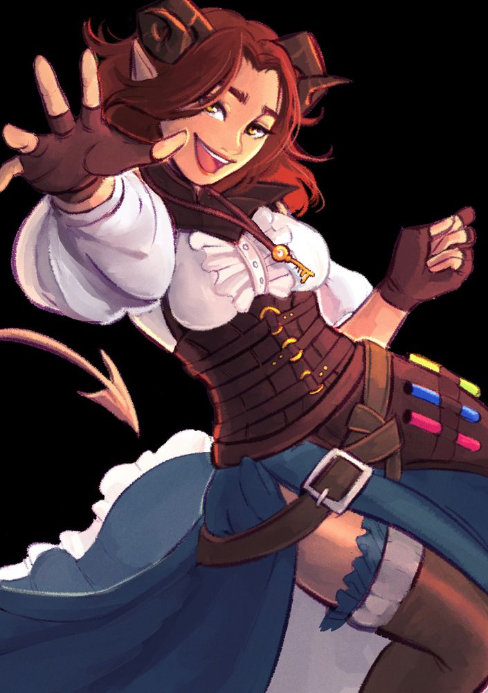 Colored sketch of Ariadne, a tiefling alchemist with a human pale skintone, shoulder-length brown hair, and curving horns. She's wearing a white blouse under a brown bodice, a blue skirt with a slit up the thigh to reveal black stockings with a blue trim, and a side apron with several colorful vials. A key pendant hangs around her neck. Her tail is curved behind her and she reaching out to the viewer with a smile on her face.