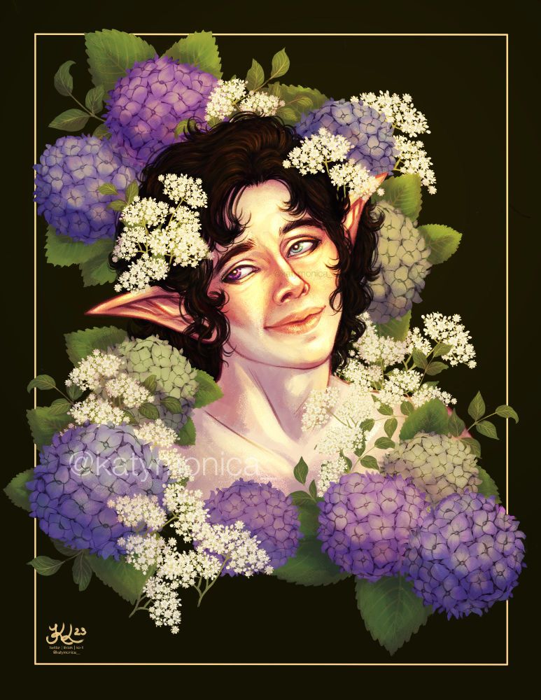 A portrait of a man with elven features surrounded by flowers