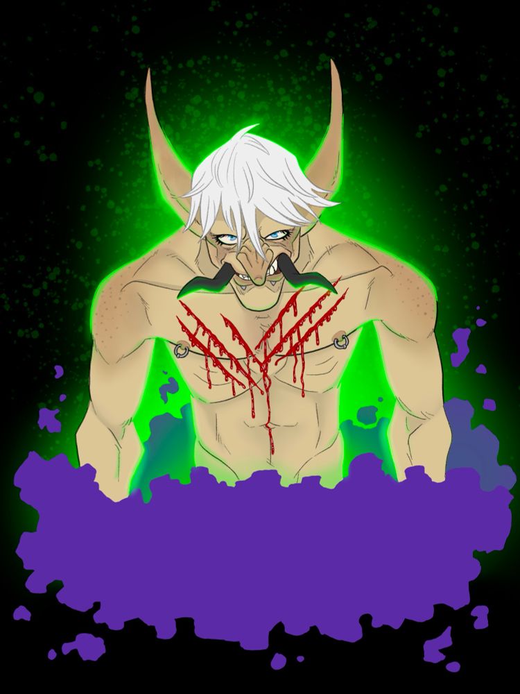 Ko’tah, the Farraki troll warlock, looking menacing as he emerges from a cloud of purple smoke and green fel. His chest has been clawed, and blood drips from the wounds.