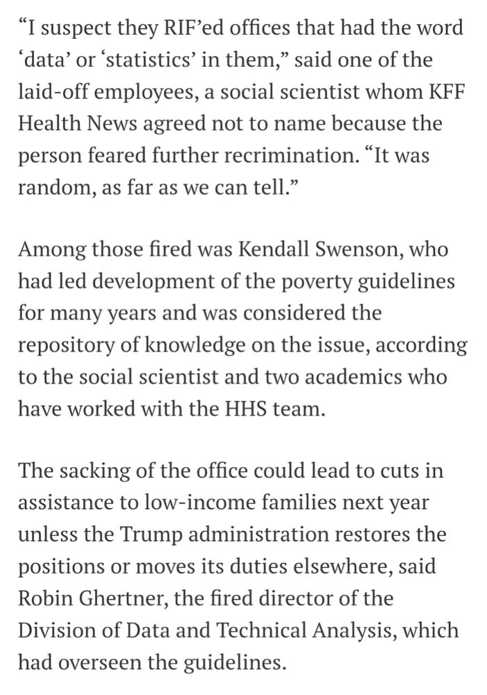 Screenshot from an article describing staffing cuts in the HHS office responsible for calculating federal poverty guidelines. 