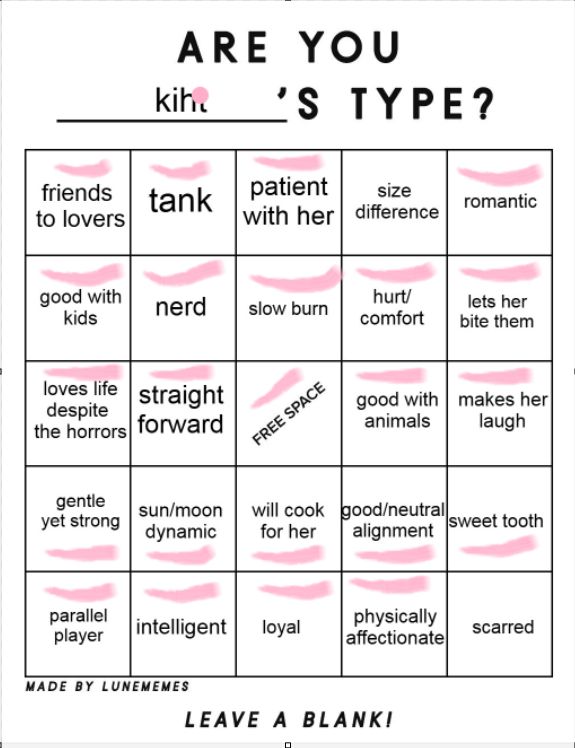 A Bingo Card for Kiht with all spaced filled in with the exception of ones that reads "Size Difference" and "Scarred"