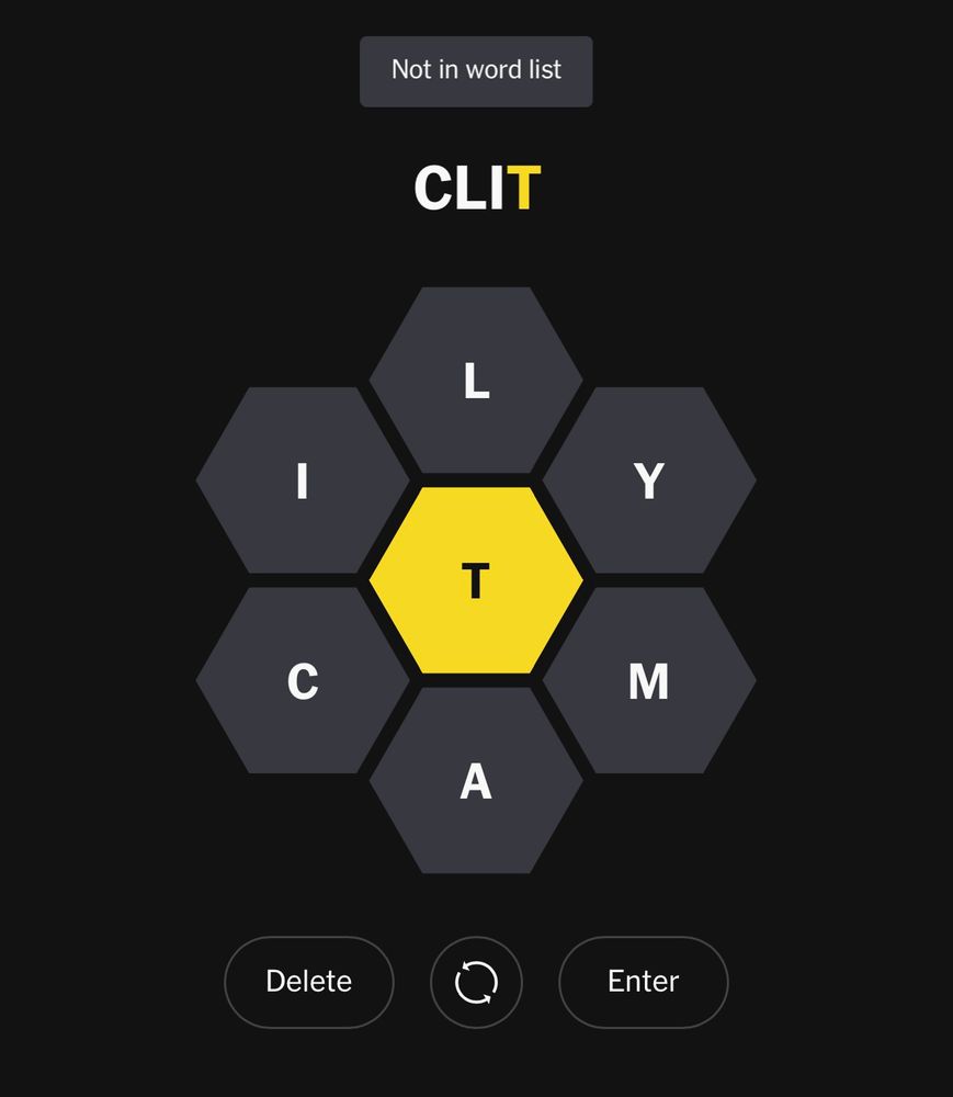 Screenshot from NY Times’ Spelling Bee game. The word entered is CLIT. The answer shows "Not in Word List". 