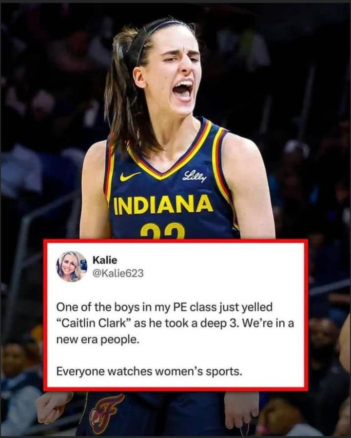 Photo of Caitlin Clark. Comment: One of the boys in my PE class just yelled "Caitlin Clark" as he took a deep 3. We're in a new era people. Everyone watches women's sports.