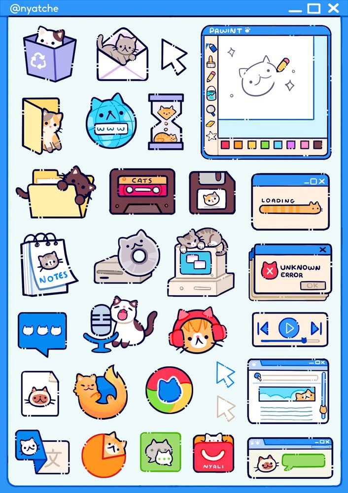 desenho de uma cartela de adesivos com gatos interagindo com vários ícones de computador. Por exemplo dentro do icone da lixeira, de email, pasta de arquivos, chat de conversa, bloco de nota, um desenho de gato no paint,